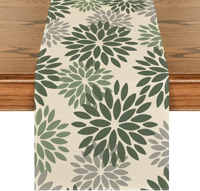 Artoid Mode Green Dahlia Aqua Floral Pinnata Flower Table Runner, Seasonal Holiday Kitchen Dining Table Decoration for Home Party Decor 13x72 Inch