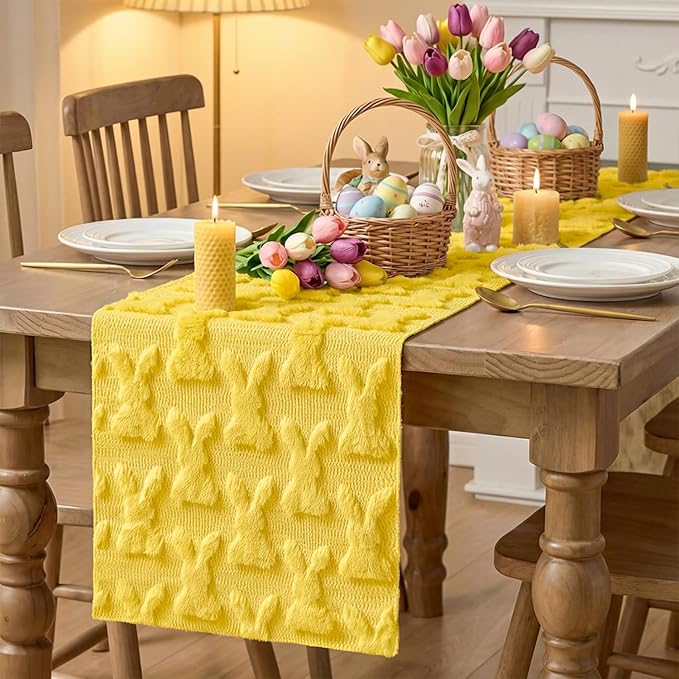 Artoid Mode Pale Yellow Soft Plush Faux Fur Jacquard Bunny Rabbit Easter Table Runner, Seasonal Kitchen Dining Table Decoration for Home Party Decor 13x72 Inch