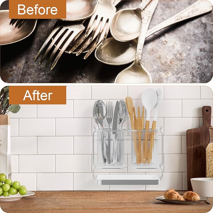 Kitchen Utensil Holder Wall Mount, 6.7" Silverware Holder for Kitchen Countertop, Utensil Drying Holder with Drain Tray for Silverware,Spatula (Silver)