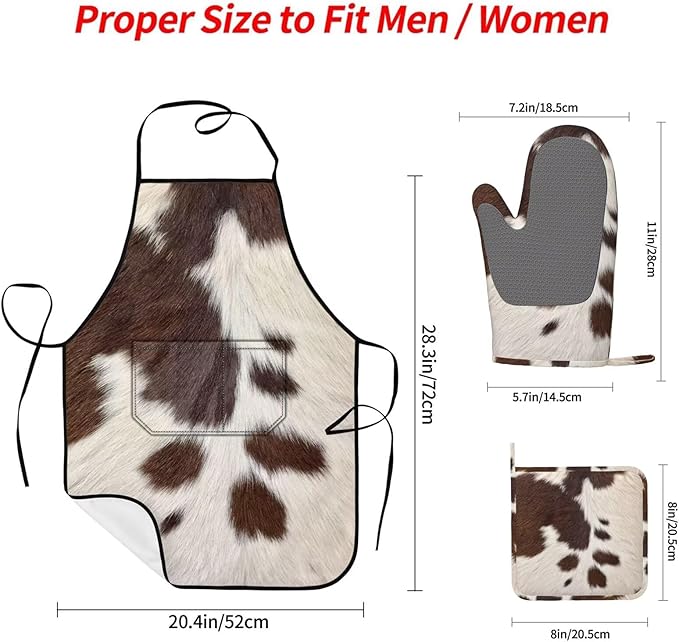 Cow Print Oven Mitts Pot Holders Cooking Apron Set of 5 Silicone Brown Cowhide Western Farmhouse Kitchen Glove Cow Print Apron Non-Slip Heat Resistant for Chef Baking Cooking Grilling BBQ