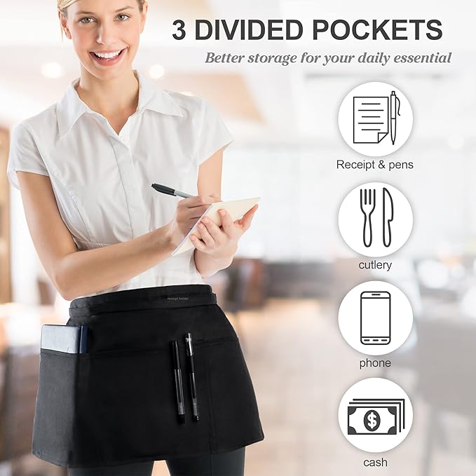 BOHARERS 1 Pack Waitress Apron With 3 Pockets - Black Server Aprons - Waiter Short Half Waist Servers Apron