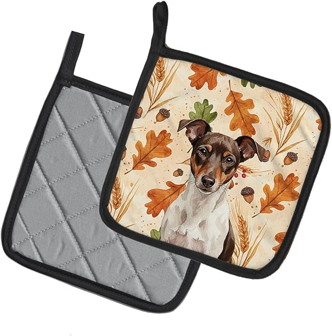 Caroline's Treasures Chocolate and White Rat Terrier Heirloom Fall Pair of Pot Holders Pair 7.5x7.5 Quilted Insulated Hot Pads Decorative Kitchen Gift Made in USA