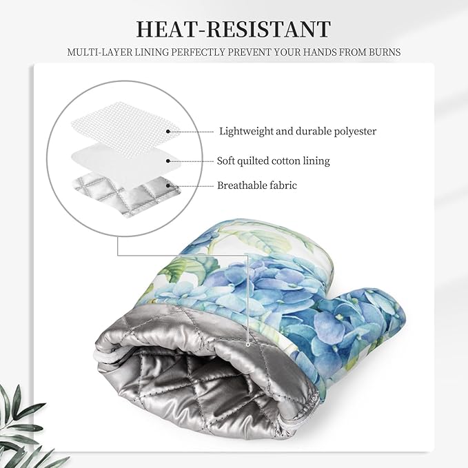Blue Hydrangea Flowers Watercolor Oven Mitts Pot Holders Cooking Apron Set of 5 Silicone Kitchen Glove Apron Non-Slip Heat Resistant for Chef Baking Cooking Grilling BBQ