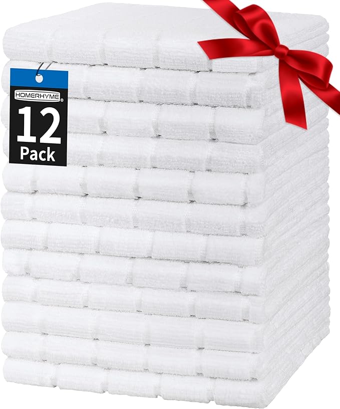 Hand Towels, 12 Pack 25''*15'' White Microfiber Kitchen Bathroom Hand Towels, All-Purpose Quick Dry Lint Free Soft Absorbent Bulk Checkered Washcloth Bath Towels for Travel Gym Hotel