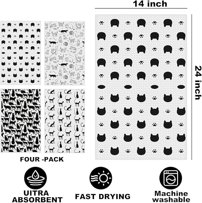 4 Pcs Cute Cat Kitchen Towels, Cats Decorative Absorbent Microfiber Dish Cloth Tea Towel, Durable Waffle Hand Towels for Farmhouse Home Bathroom, Cat Lover Gifts for Women Mam-1