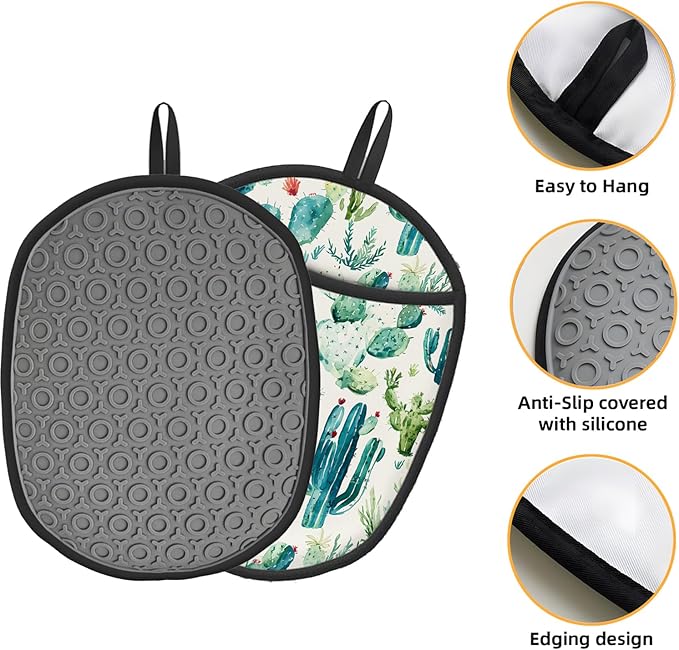 Cactus Silicone Pot Holders Set of 2, Heat Resistant up to 500°F, Non-Slip Kitchen Hot Pads with Pocket and Soft Quilted Cotton Lining for Baking, Cooking and Hot Pots