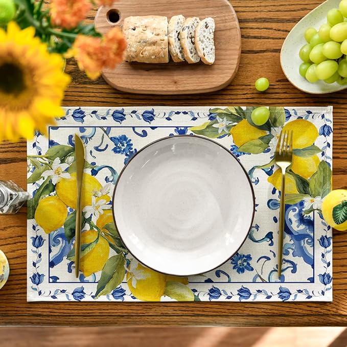 Artoid Mode Lemon Blue and White Porcelain Summer Placemats Set of 4, 12x18 Inch Vanilla Holiday Table Mats for Party Kitchen Dining Decoration