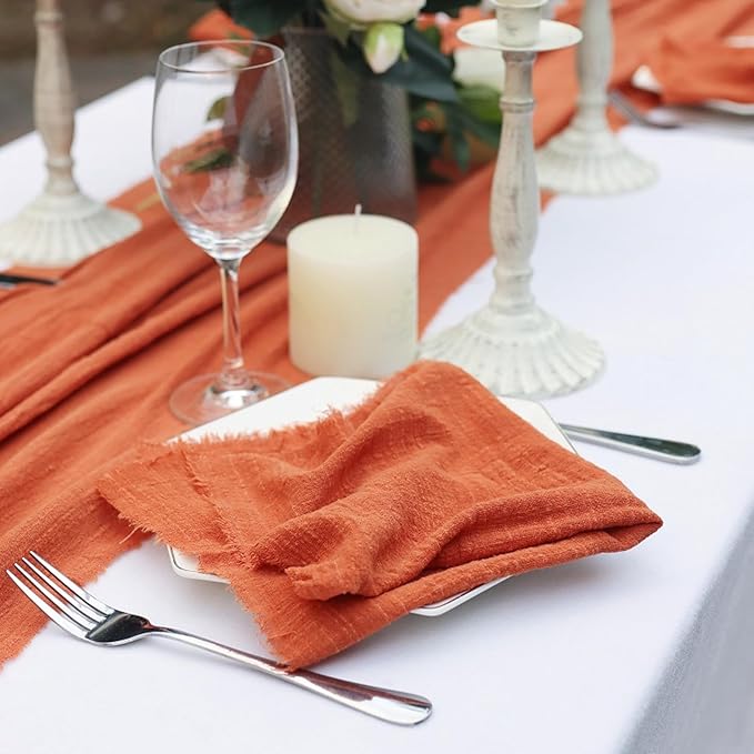 Cotton Blend Fringe Cloth Napkins - Crinkle Gauze Dinner Napkins, Reusable & Washable Table Napkins, 17" x 17" (43 x 43 cm), Multiple Colors, 12/24/48/100 Pack (24, Terracotta)