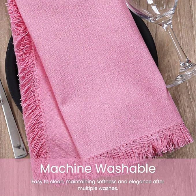 Cloth Dinner Napkins Fringes 100% Cotton Set of 6 - Perfect for Dining Special Occasions Wedding Holidays Christmas - Soft Durable Washable - Elegant 20x20 Inch Cloth Napkins Baby Pink