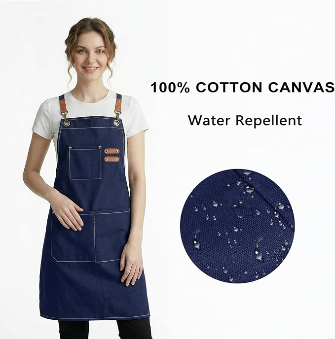 ZOMAO Chef Apron for Women Men with Large Pockets, Cotton Canvas Cross Back Waterproof Work Aprons for Kitchen Cooking Bib