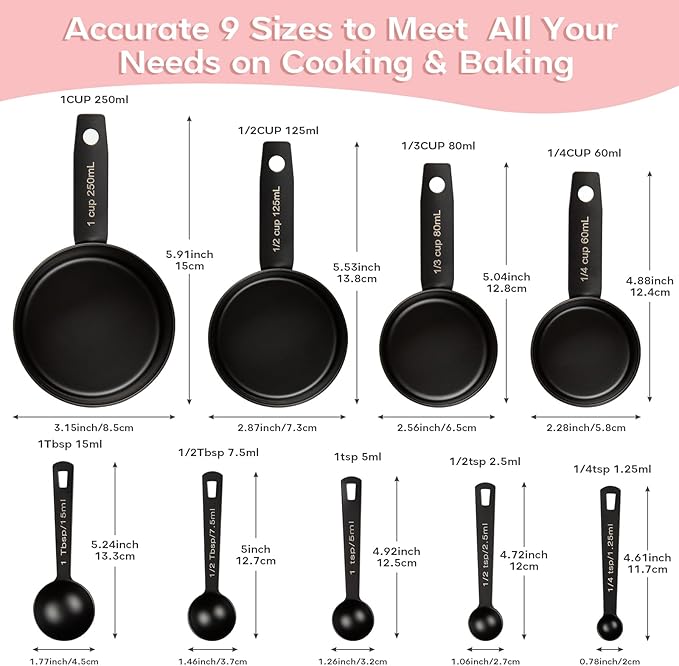 Measuring Cups and Spoons Set of 9, Stainless Steel Measuring cup for Cooking and Baking, Measuring spoons for Dry and Liquid Ingredients (Black)