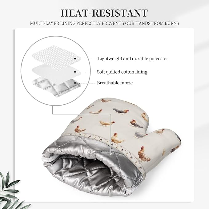 Oven Mitts and Pot Holders Chicken Pattern Silicone Kitchen Accessories Set of 2 Heat Resistant Long Gloves Potholder Non-Slip Grip for Chef Cooking,Baking,Grilling,BBQ