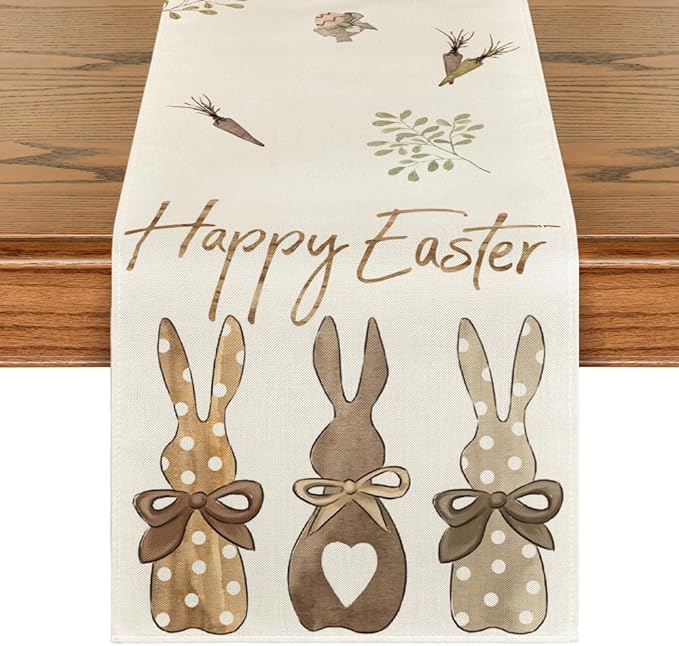 Artoid Mode Carrots Rabbit Bunny Happy Easter Table Runner, Spring Summer Seasonal Holiday Kitchen Dining Table Decoration for Indoor Outdoor Home Party Decor 13 x 90 Inch