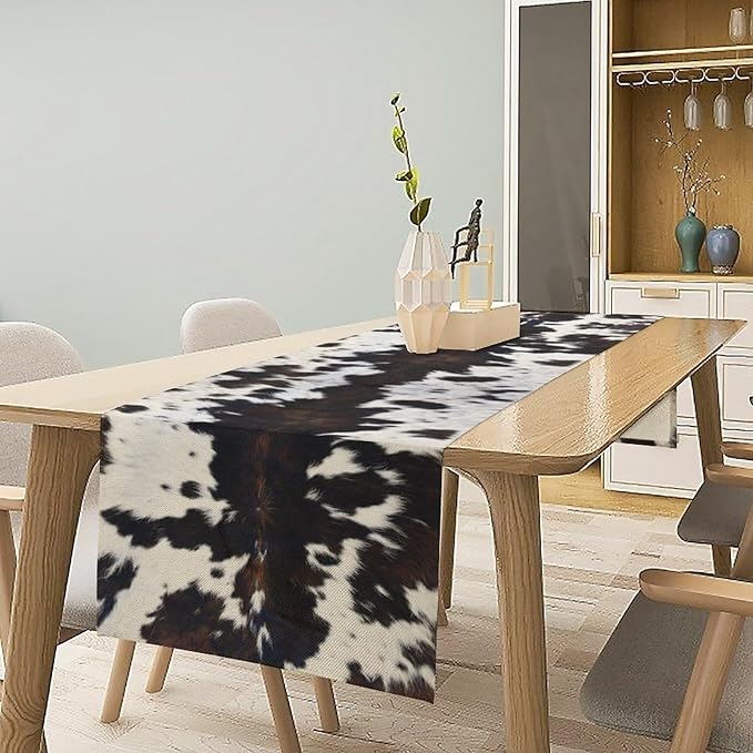 Cow Print Table Runner Country Farmhouse Cottage Brown Cowhide Print Art Printed Runner for Home Kitchen Dining Table Living Room Decor Fabric 1 Panel W13xL70in