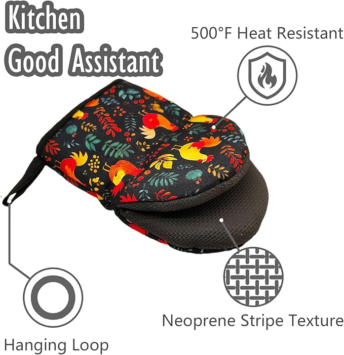 Rooster Oven Mitts, High Heat Resistant Kitchen Oven Gloves, Mini Silicone Oven Mitts, Non-Slip Grip Surfaces and Hanging Loop for Grilling, Baking, Cooking and Microwave, Gift