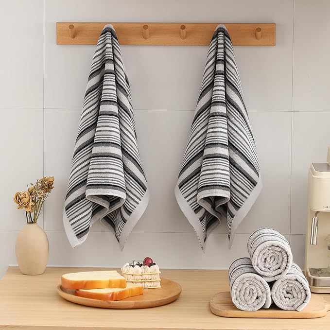 SALAS Premium Cotton Kitchen Dish Towels for Drying Dishes,Large Long 390GMS Hand Towels, Thick Highly Absorbent Dish Cloth Towel Sets with Hanging Loop, 16" X 26", 3 Pcs, Gray