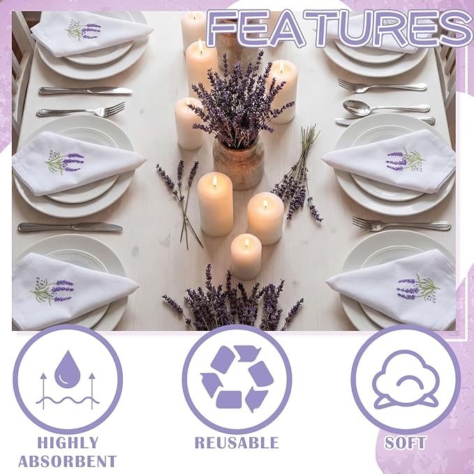HunnmingRe 12 Pcs Spring Floral Cloth Napkins 100% Cotton Lavender Dinner Tea Party Napkins Embroidered Hand Towel Country French Reusable Washable for Dinner Kitchen Weddings Cocktail Party 17x17inch