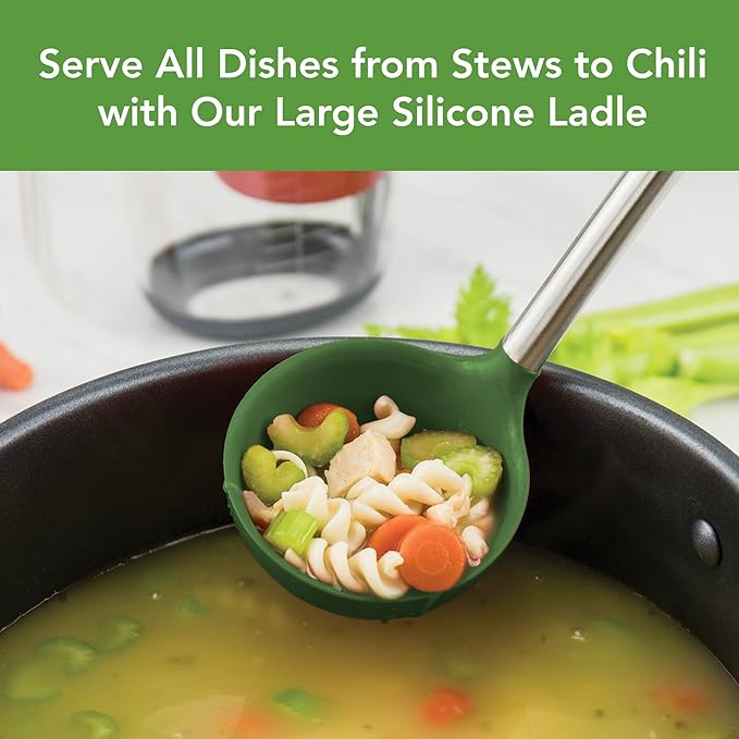Tovolo Silicone Ladle With Stainless Steel Handle Deep Soup Ladle for Cooking Canning Serving Soup Punch Stew Sauce, Large Kitchen Utensil Spoon Dishwasher Safe BPA Free Silicone Pesto Green