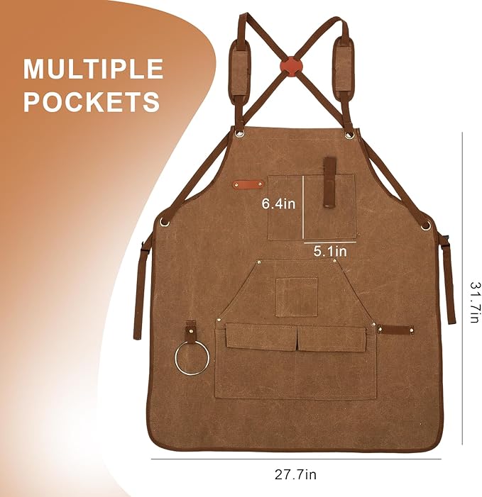 Men's Canvas Tool Apron, Heavy Duty Multi-Pocket Work Apron for Woodworking Gardening Bartender Adjustable Straps
