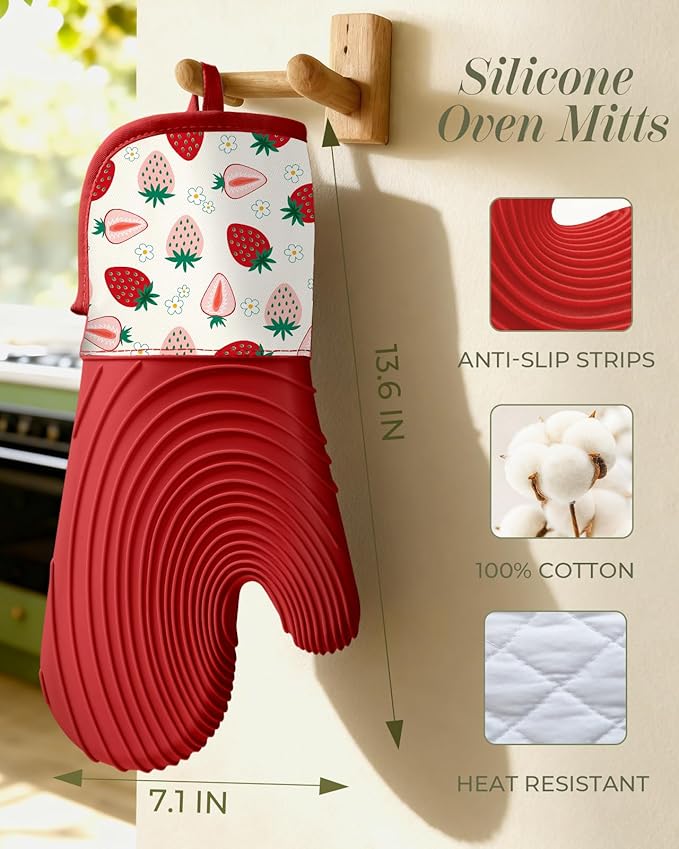 Slohif Long Silicone Oven Mitts Heat Resistant for Women - 2 Pcs Strawberry 100% Cotton Oven Gloves, Non-Slip and Waterproof Silicone Oven Mitts with Hanger for Baking and Cooking