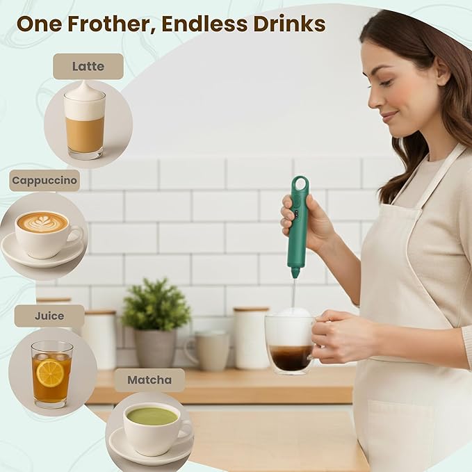 Rechargeable Milk Frother Handheld 3 Speed Coffee Foamer [3 Whisk] Electric Drink Mixer for Latte, Cappuccino, Coffee, Eggs, Hot Chocolate,Grass Green