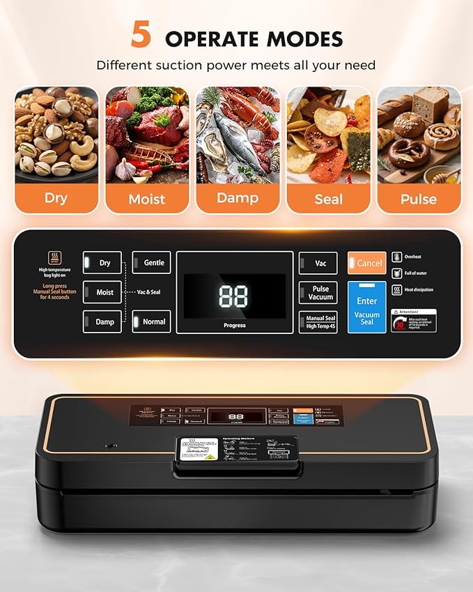 Vacuum Sealer for Food, 95kPa Food Saver Vacuum Sealer Machine, 135W Fast-Sealing with Easy Tear Cutter, Built-in Bag Storage, 9-in-1 Compact Food Vacuum Sealer Machine with 10 ft Bag Roll