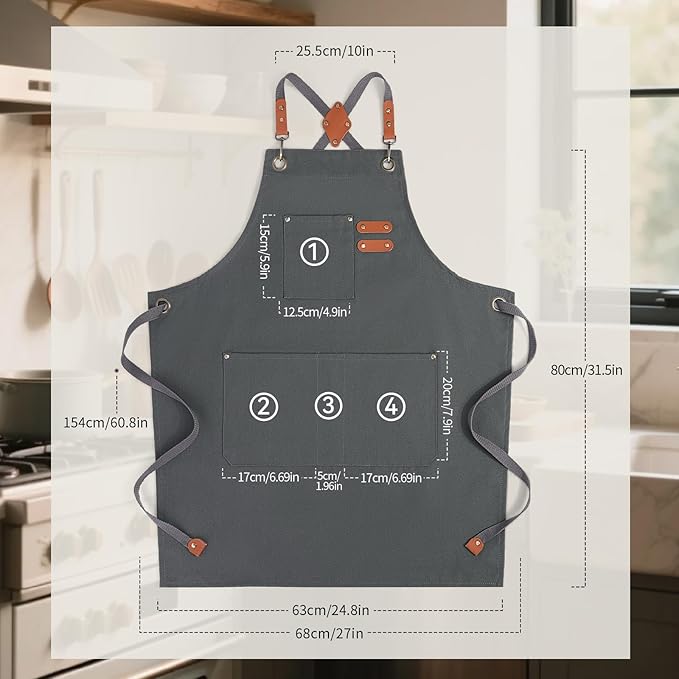 Chef Aprons for Men Women with Large Pockets, Cotton Canvas Water Repellent Kitchen Apron for Cooking