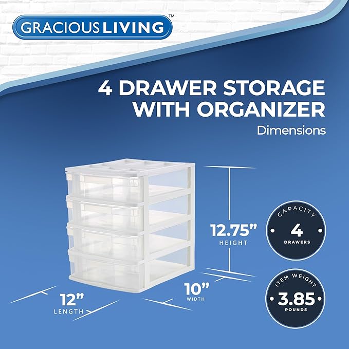 Gracious Living Drawer Organizer, 4-Tier Plastic Storage Desktop Drawers, White Frame - Desk Containers for Bathroom, Bedroom, Office, and Classroom Organization