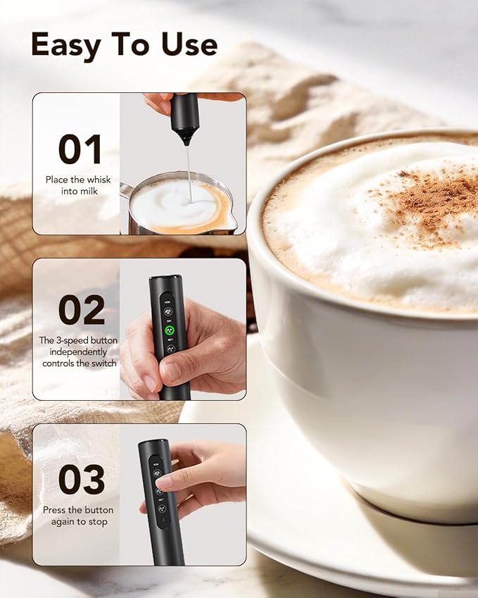 3-in-1 Electric Milk Frother with Stand, Rechargeable LED Display & 3 Speeds - Portable Whisk for Coffee, Protein Shakes, Baking - Makes Latte, Cappuccino, Matcha Foam -Blk (Rechargeable with stand)