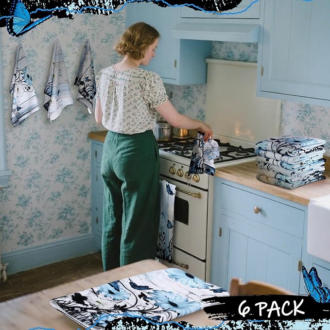 Breling Set of 6 Blue Daisy Kitchen Towel Vintage Themed Dish Towel Bathroom Decorative Rustic Tea Cloths for Kitchen Bathroom Home Cooking Housewarming Gifts, 14 x 21 Inch