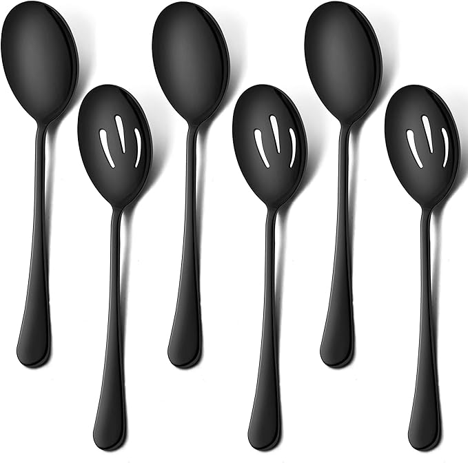LIANYU 6-Piece Black Serving Spoons, Black Slotted Spoons, Stainless Steel Serving Utensils for Party Buffet Restaurant Banquet Dinner Catering, 8 3/4 Inch, Dishwasher Safe
