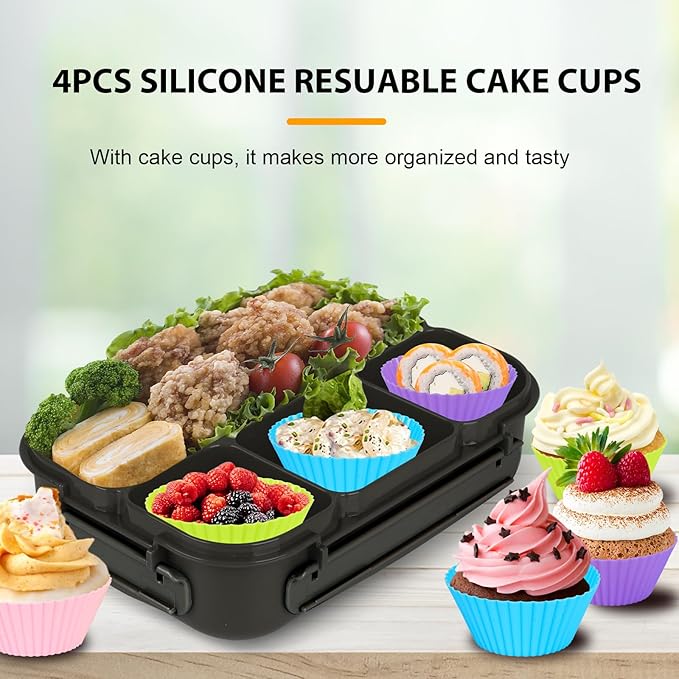 Yumuk Bento Box Adult Lunch Containers, 5 Cup Box with 4 Compartments &Spork &Sauce Box, Leak-Proof, Microwave/Dishwasher Safe(Black)