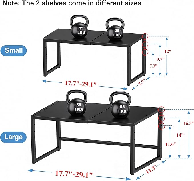 2 Pack Expandable Cabinet Countertop Shelves (Small + Large), Heavy Duty Metal Shelves Organizers For Kitchen Cabinet Countertop Storage, Adjustable Storage Shelf Organizer For Kitchen Cabinet Pantry