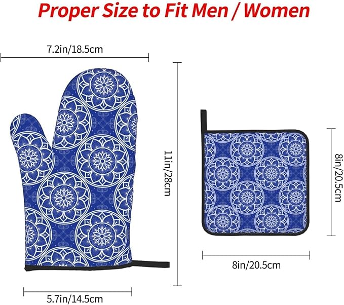 Chinoiserie Blue and White Floral Oven Mitts and Pot Holders Sets of 3, Heat Resistant Non-Slip Boho Kitchen Gloves for Baking Cooking Grilling, Navy Blue Hot Pads for Kitchen Decor, Gifts for Women
