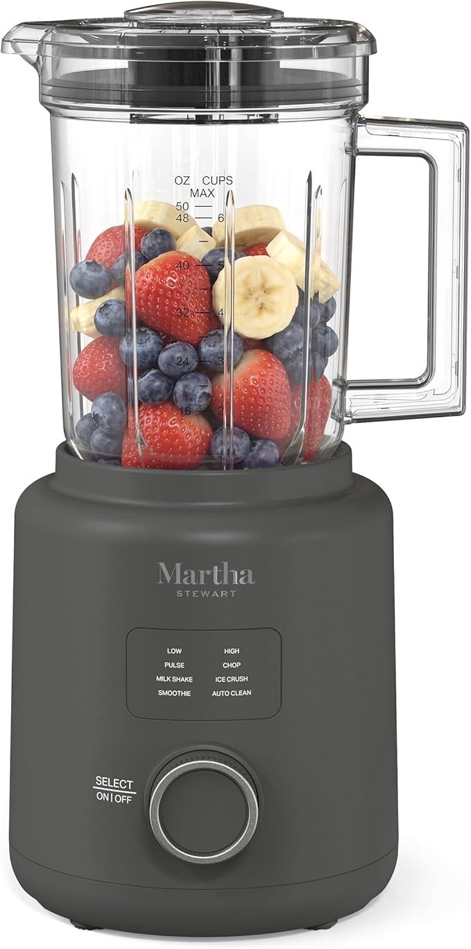 Martha Stewart Countertop Blender, 50oz Jar, 6 Stainless Steel Blades 3 Speeds & 5 Presets, Auto Clean, Smoothies, Crush Ice, Shakes, Chop, Margarita, Measurement Markings, 700W, Caviar Gray