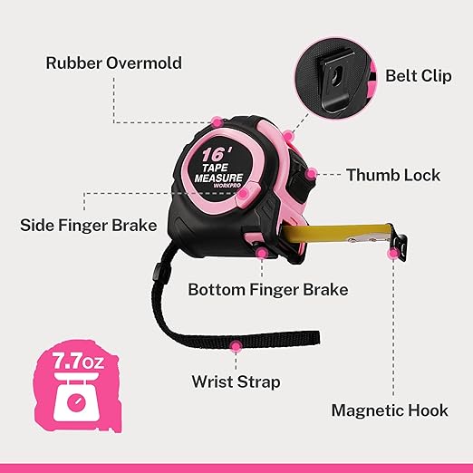 WORKPRO 16-FT Tape Measure with Fractions, 3 Brakes Retractable Measuring Tape, Compact Measurement Tape with Magnetic Hook, Nylon Coating Blade Accuracy 1/32”, Pink