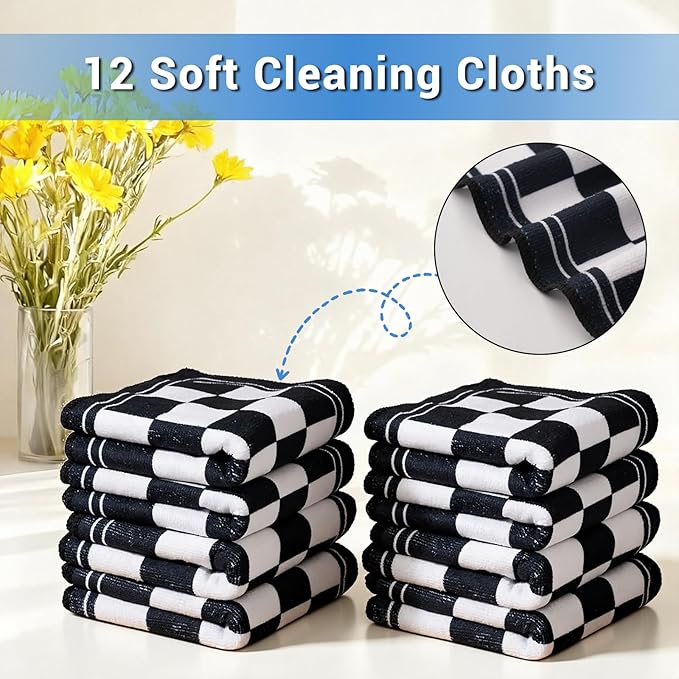 YUA Microfiber Cleaning Cloth 12 Pack,Microfiber Towels Cleaning,Microfiber Towels for Cars,Absorbent Dish Washing Cloth,Reusable Cleaning Cloths Lint Free (Black White Checker)