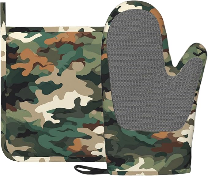 Green Camouflage Oven Mitt and Pot Holder with Silicone Heat Resistant Kitchen for Cooking BBQ Baking Grilling Cooking Protection