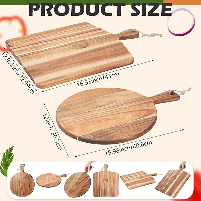 Hsei 2 Pcs Acacia Wood Cutting Board with Handle Wooden Charcuterie Board Large Paddle Carving Chopping Set Butter Serving Tray for Cheese Meat Fruit Pizza Bread(Vintage Style, 16x12, 17x13 Inch)