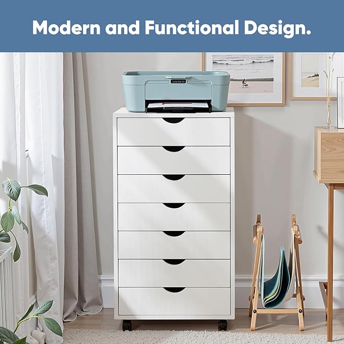 OLIXIS 7 Drawer File Cabinet, Mobile Filing Cabinet Under Desk Storage Organization with Wheels, Vertical Filing Chest Rolling Wood Small Desk Printer Stand for Home Office, White