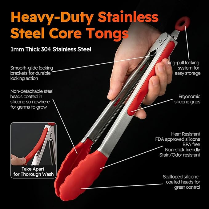 HST Tongs for Cooking with Silicone Tips(3 Pack), Non Stick Kitchen Tongs with Silicone Tip for Cooking BBQ Baking (12", Red)