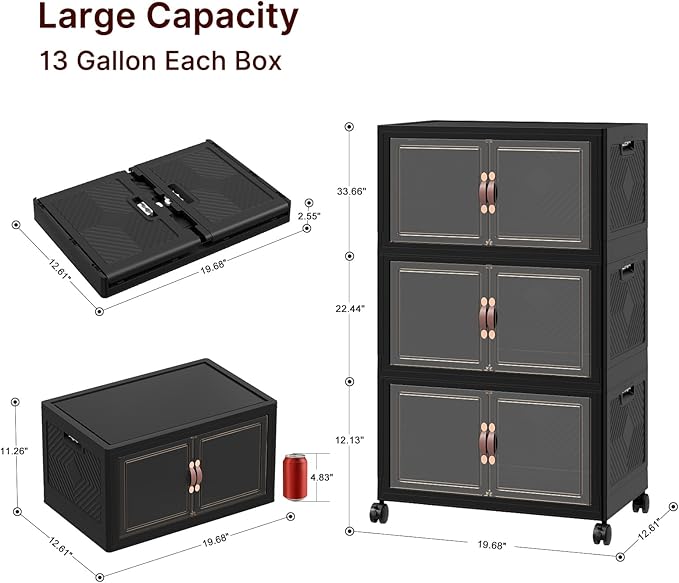 UAMFURI Stackable Storage Bins with Lids, 288QT Closet Organizers, Lockable Storage Cabinet，Foldable Storage Box with Doors and Wheels, Plastic Drawers for Home, Garage, Office (6, Black, Medium)