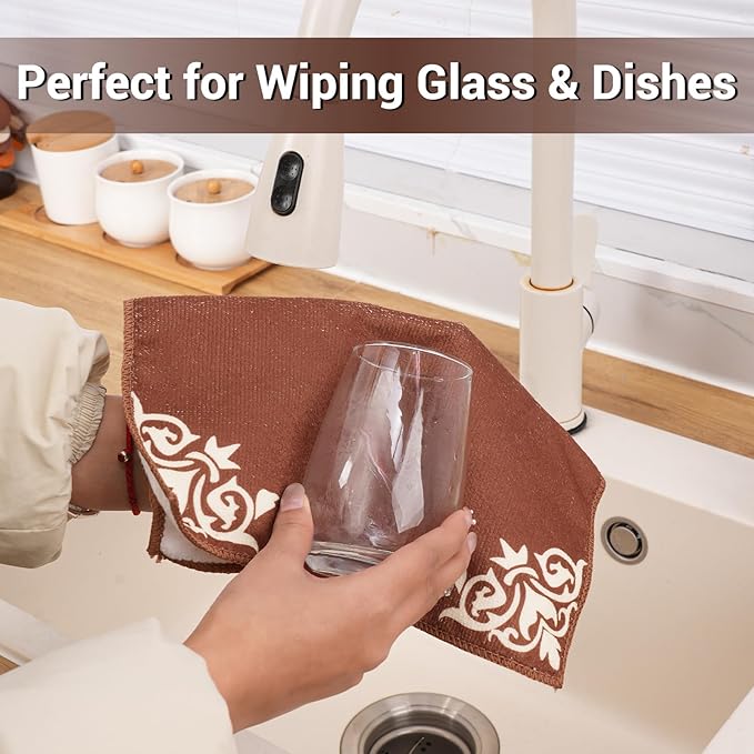 YUA Microfiber Cleaning Cloth 12 Pack,Microfiber Towels Cleaning,Microfiber Towels for Cars,Absorbent Dish Washing Cloth,Reusable Cleaning Cloths Lint Free (Brown Corner Flower)