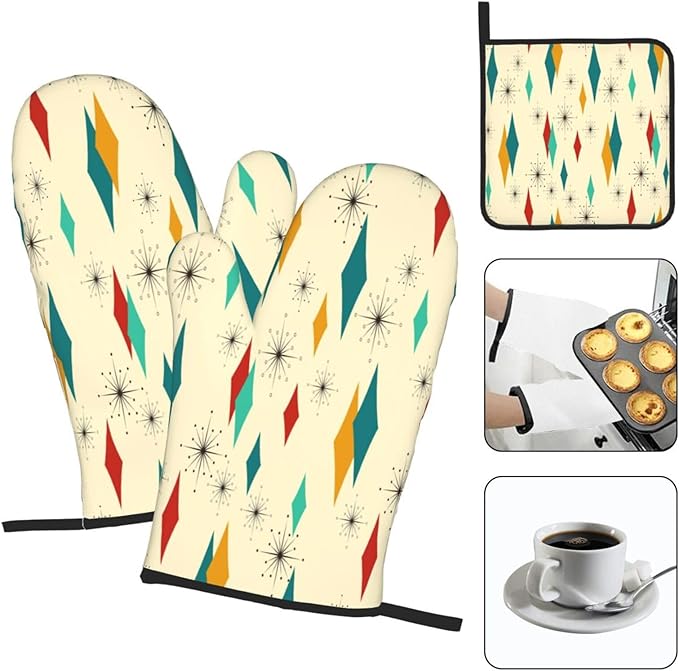Mid Century Modern Oven Mitts and Pot Holders Set Heat Resistant Non Slip Set of 3 Retro Decor Kitchen Gloves Hot Pads for Cooking BBQ Baking Grilling