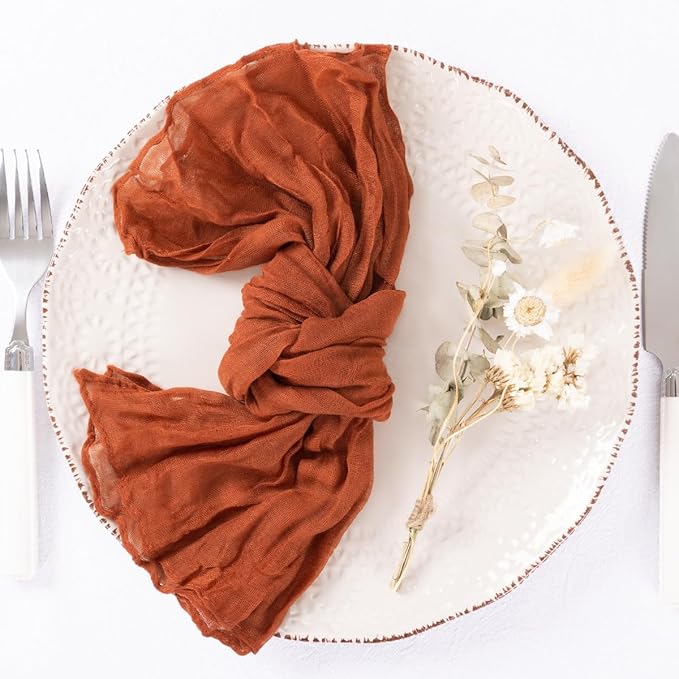DeZerlor 100 Pack Terracotta Cheesecloth Napkins Burnt Orange Spring Cloth Napkins Set of 100 Dinner Napkins Bulk 21x21 Inches for Wedding Bridal Shower Baby Shower Parties