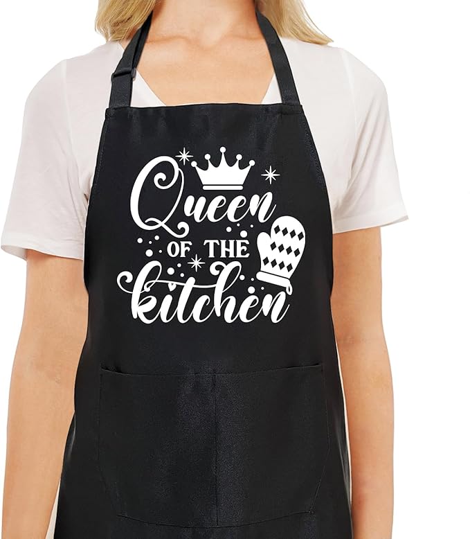 Black Baking Aprons for Women, Adjustable Cooking Baking Kitchen Aprons for Mom Chef with Pockets