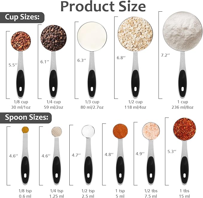 Accmor 11 Piece Metal Measuring Spoons Cups Set, Premium Stainless Steel Stackable Tablespoons Measurement kit, Kitchen Gadgets Cups and Spoon for Dry Liquid Ingredients Cooking Baking (Black Handle)