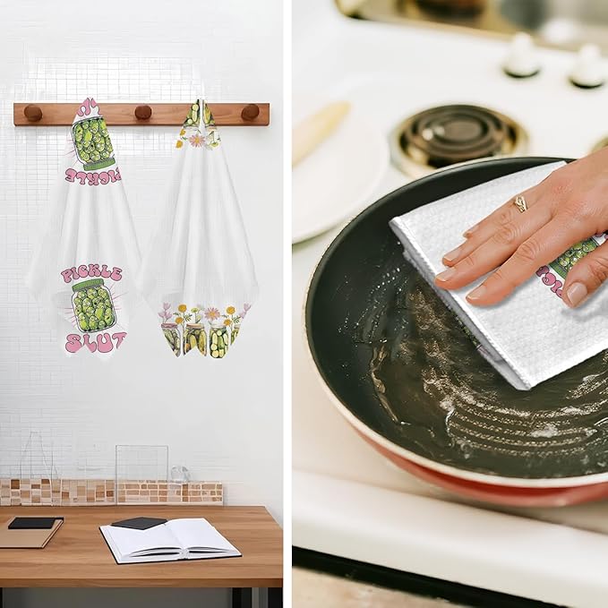 2Pcs Pickle Kitchen Towels, Pickle Lover Gifts Floral Tea Towel Decorative Reusable Dish Hand Towels Food Lover Gift for Cleaning Drying Women Housewarming Gift 14 x 24 Inch Kitchen Decor