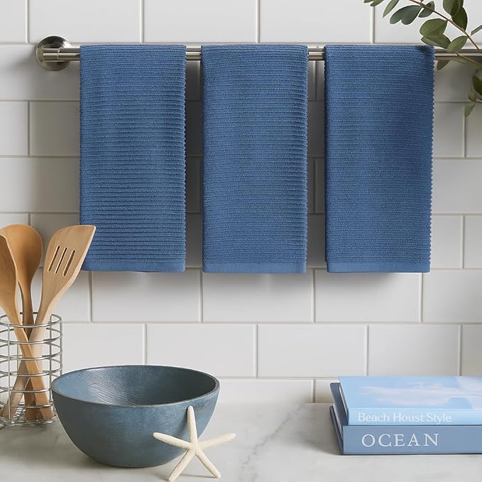 Chambray Light Blue Kitchen Hand Dish Towels: Oversized 28" x 18", 100% Cotton Cloth Soft Cleaning Drying Absorbent Textured Design, Set of 3 Multipurpose for Everyday Use