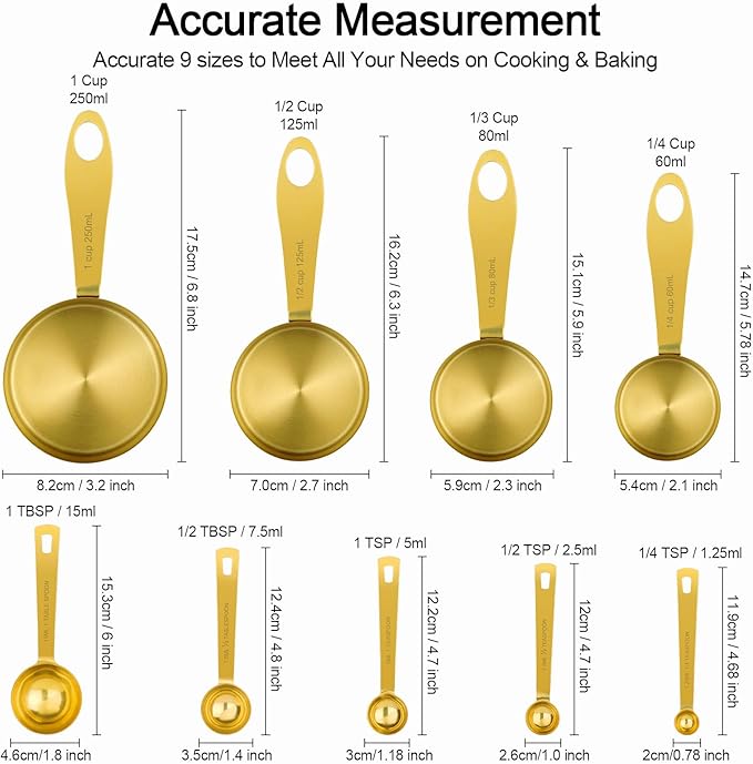 GuDoQi 9pcs 304 Stainless Steel Measuring Cups & Spoons, Stackable Long Handle Fits Narrow Jars, Golden Finish, Metric & US Measures for Dry/Liquid Ingredients, Rust-Proof for Baking & Cooking